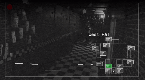 a black and white photo of a hallway with the words west hall on the top