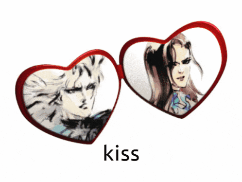 a pair of heart shaped mirrors with the word kiss on the bottom right