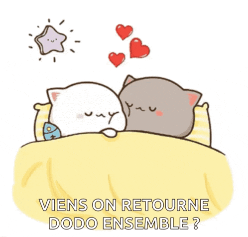 a cartoon of two cats kissing in bed with the words viens on retourne dodo ensemble written below them .