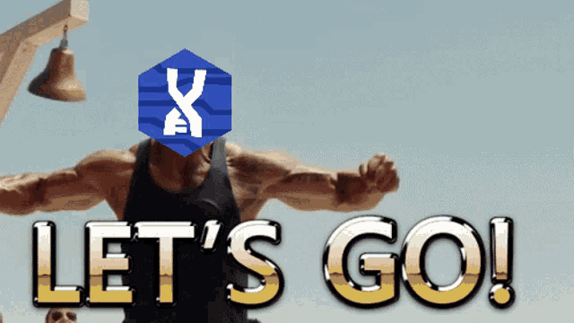 a man with a blue x on his head and the words let 's go on the bottom