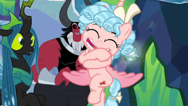 a cartoon drawing of a pink pony with a red swirl on its tail