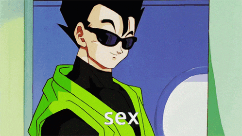 a cartoon character is wearing sunglasses and a green jacket with the word sex on it