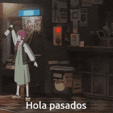 a girl in a green dress is dancing with the words hola pasados written below her