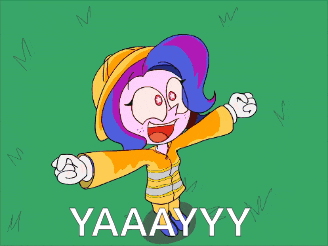 a cartoon of a girl in a yellow raincoat with the word yaaayyy below her
