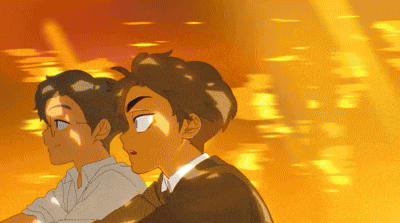 a couple of anime characters standing next to each other with the sun shining on them