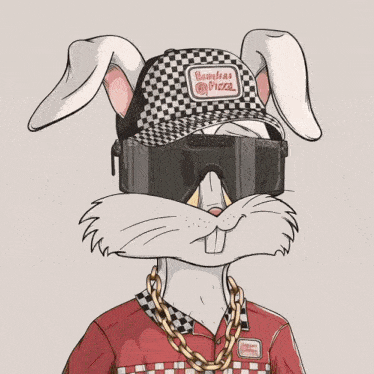 a cartoon of a bunny wearing a domino 's pizza hat and holding a pizza