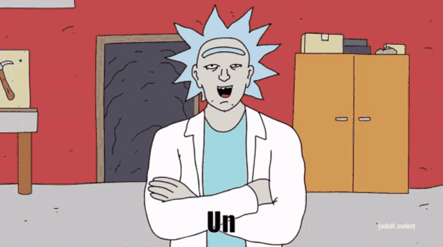 a cartoon of rick from rick and morty with the word un on his chest