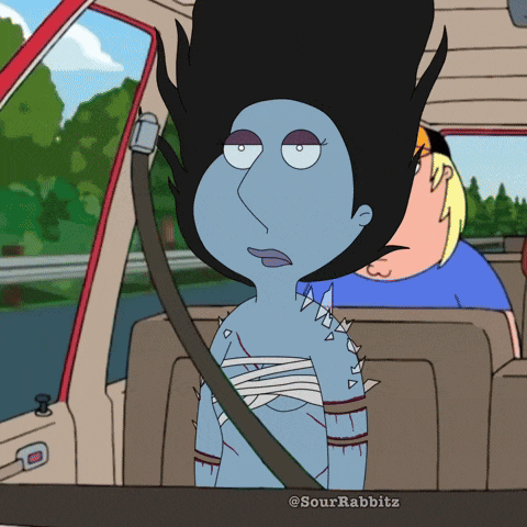 a cartoon of a woman sitting in a car with the name sourrabbitz at the bottom