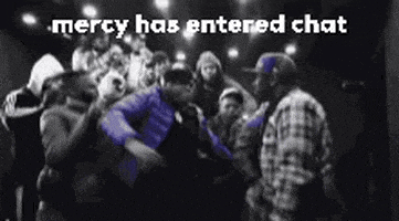 a black and white photo of a crowd of people with the words `` mercy has entered chat '' on the bottom .