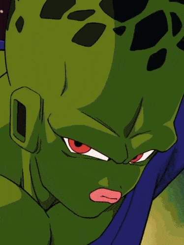 a green cartoon character with red eyes and a purple shirt
