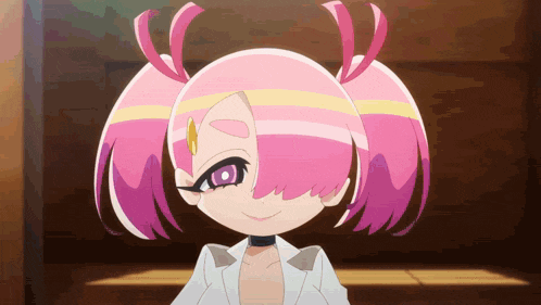 a girl with pink hair and purple eyes is wearing a white jacket
