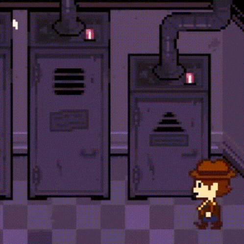 a pixel art of a girl standing in front of lockers .