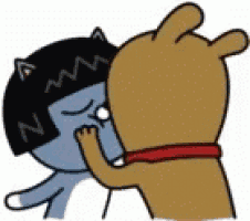 a cartoon cat and a dog are kissing each other on the cheek .