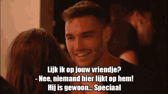 a man is smiling and talking to a woman with a caption that says ' lijk ik op jouw vriendje '