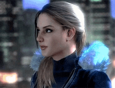 a close up of a woman 's face with a blue light on her back