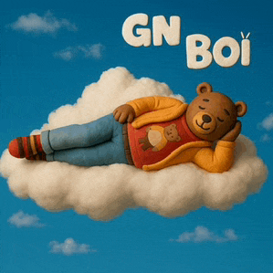 a teddy bear is laying on a cloud with the words gn boi above it