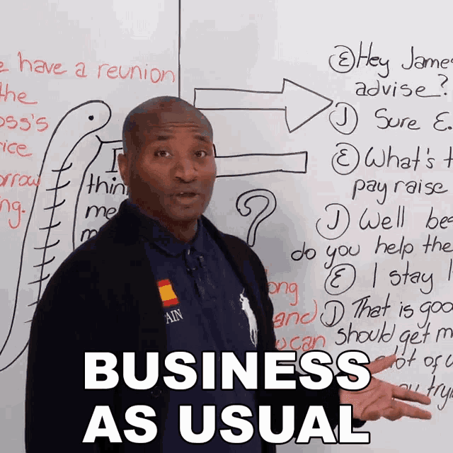 a man standing in front of a white board with the words business as usual written on it