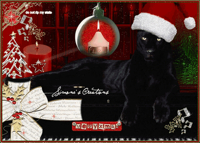 a black panther wearing a santa hat sits in front of a merry xmas card