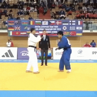 a judo match is going on in front of a banner that says european cup