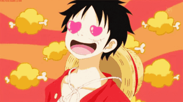 a cartoon character with hearts in his eyes and a straw hat