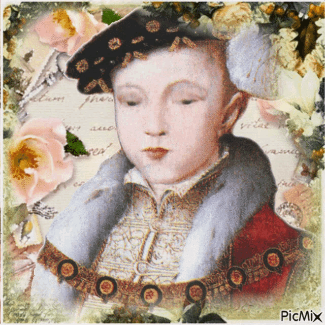 a painting of a young boy is surrounded by flowers and has the word picmix on the bottom