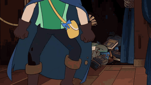 a cartoon character with a blue cape and a green shirt