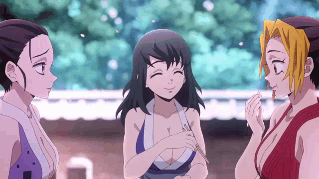 three anime girls are standing next to each other with one wearing a bikini top