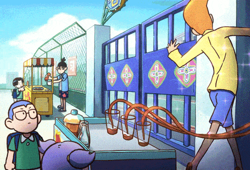 a cartoon drawing of a boy standing in front of a gate that says cp