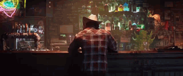 a man in a plaid shirt and cowboy hat is standing in front of a bar .