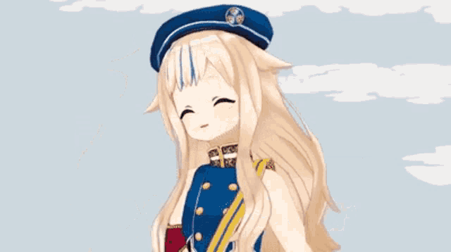 a 3d anime girl wearing a blue hat and gloves is smiling