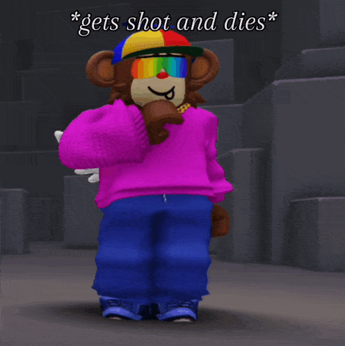a monkey wearing a purple sweater and a rainbow hat with the words gets shot and dies below him