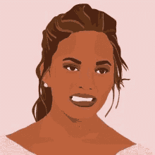 a close up of a woman 's face with a pink background and a smile on her face .