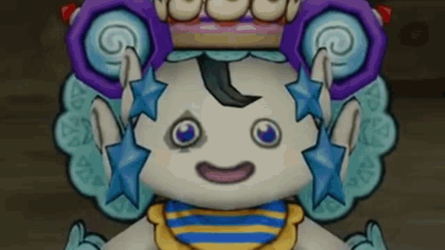 a close up of a cartoon character 's face with purple eyes
