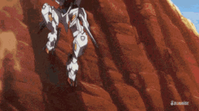 a robot is flying through the air with a sword in his hand