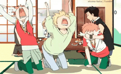 a group of anime characters are playing a game in a room .