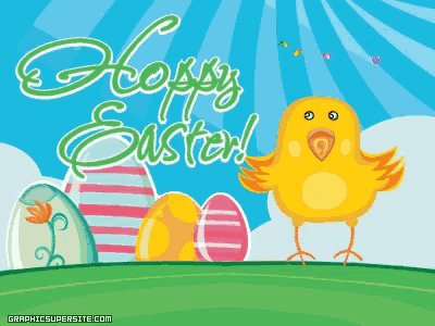 a happy easter greeting card with eggs and a yellow chick