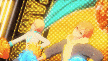a man and a woman are dancing in front of a screen that says ' tokyo ' on it .