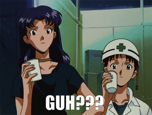 a couple of anime characters standing next to each other and one of them has the word guh on it