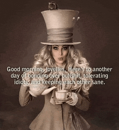 a woman wearing a top hat is holding a teapot and cup of tea