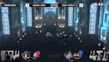 a video game screen shows bandits sonix and liquid riddles in the grand finals