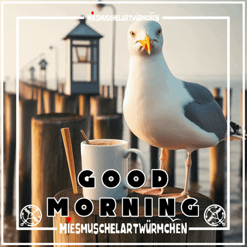 a seagull is standing next to a cup of coffee and the words good morning