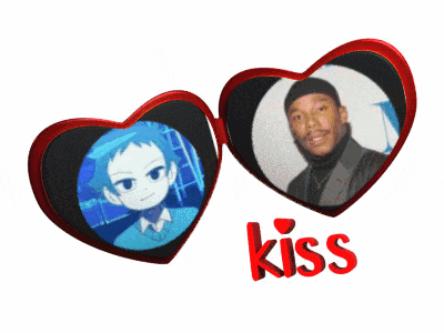 two hearts with a picture of a man and a girl and the word kiss below them