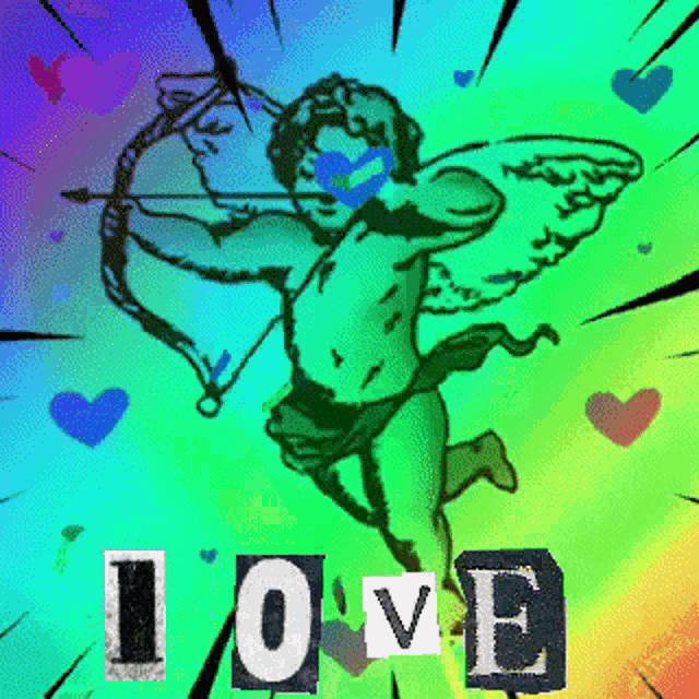 a cupid with a bow and arrow is surrounded by colorful hearts and the word love