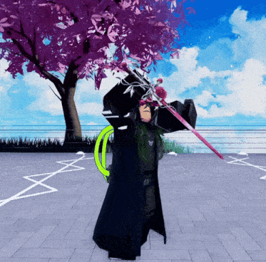 a person holding a sword in front of a cherry blossom tree