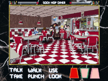 a pixel art of a diner with the words talk walk use take punch look on the bottom