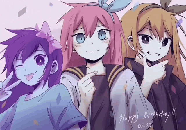 three anime girls are posing for a picture with the words happy birthday written on the bottom