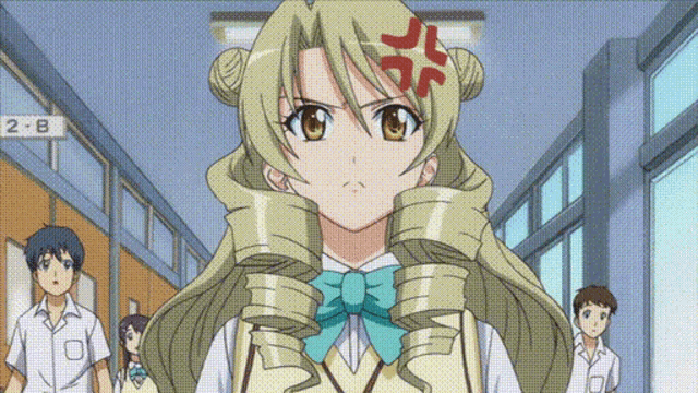 a girl with an angry look on her face is in a hallway with a sign that says 2b