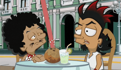 two cartoon characters are sitting at a table with a coconut in front of them