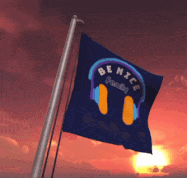 a blue flag with headphones on it says be nice friday