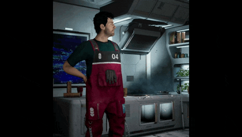 a man wearing red overalls with the number 04 on it